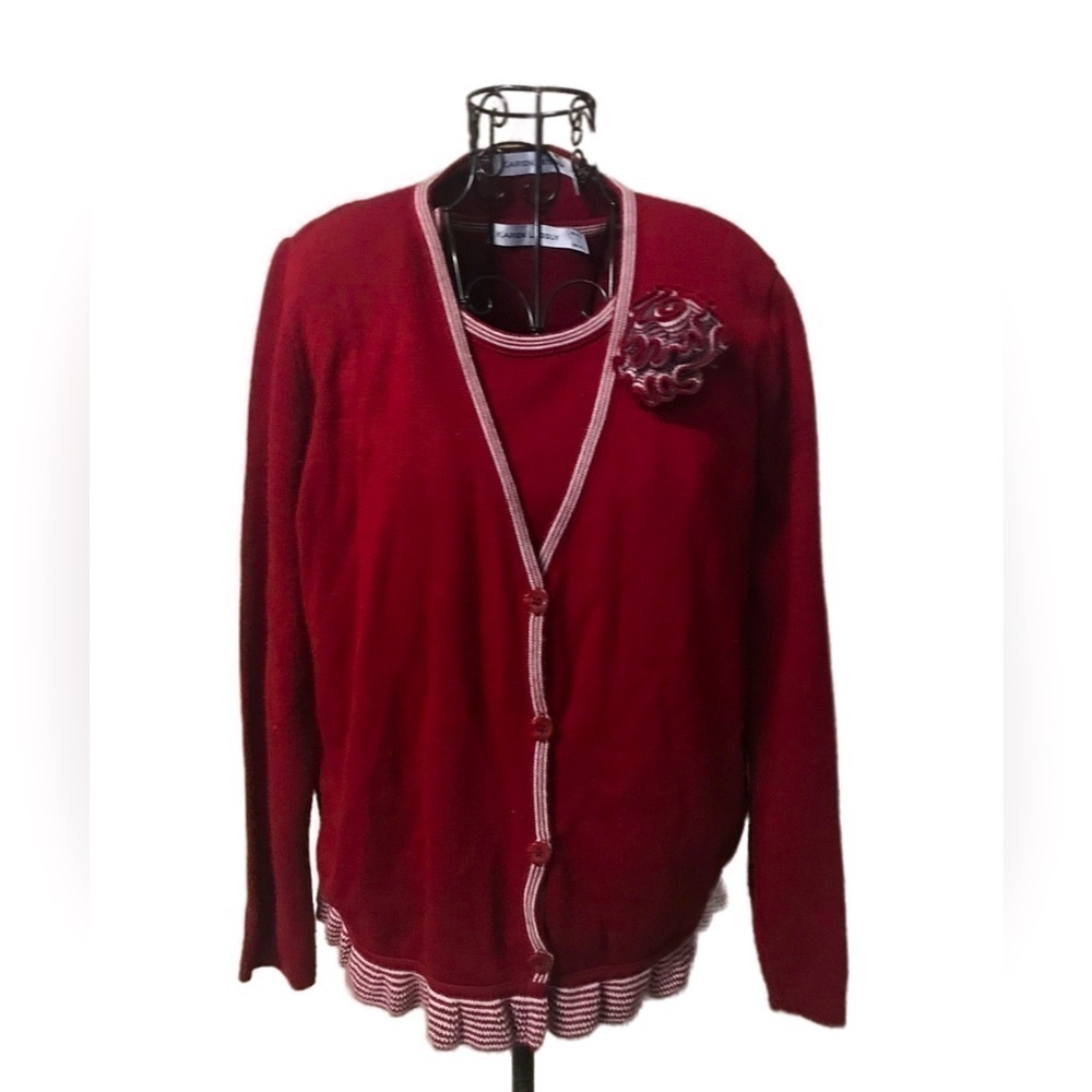 Karen Lessly Comfy Knit Cardigan & Sleeveless Red Tank Top Size S